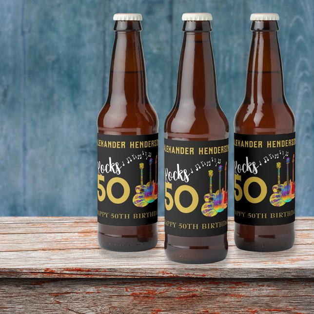 50. Geburtstag Name Gitarren Musik Rocks 50 Bierflaschenetikett (Rock and roll 5oth birthday party personalized beer labels cool funky guitars gold and black)