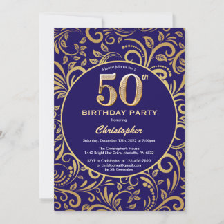50. Geburtstag Navy Blue and Gold Floral Muster Einladung