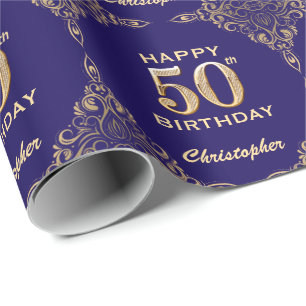 50. Geburtstag Navy Blue und Gold Glitzer Frame Geschenkpapier