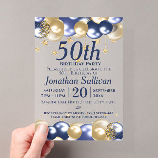 50. Geburtstag Navy Gold Ballons Party Acryleinladungen