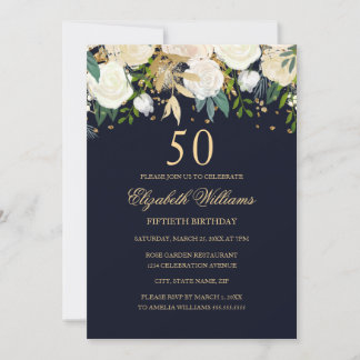 50. Geburtstag Navy Gold Floral Einladung