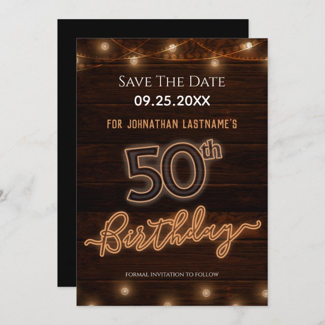 50. Geburtstag Neon Save the Date Einladung (Vorne/Hinten)