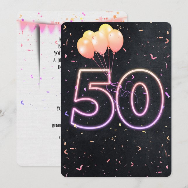 50. Geburtstag Neon Sign auf schwarze Einladung (Vorne/Hinten)