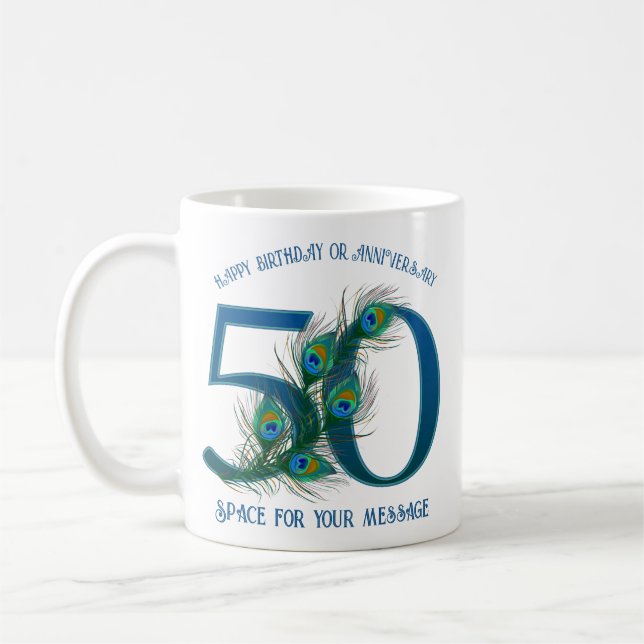 50. Geburtstag oder Jubiläum Pfauenfeder Kaffeetasse (Links)