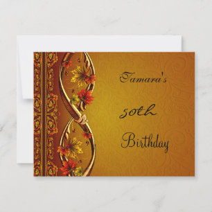 50. Geburtstag Old Gold Rot Floral Elegante Einlad Einladung