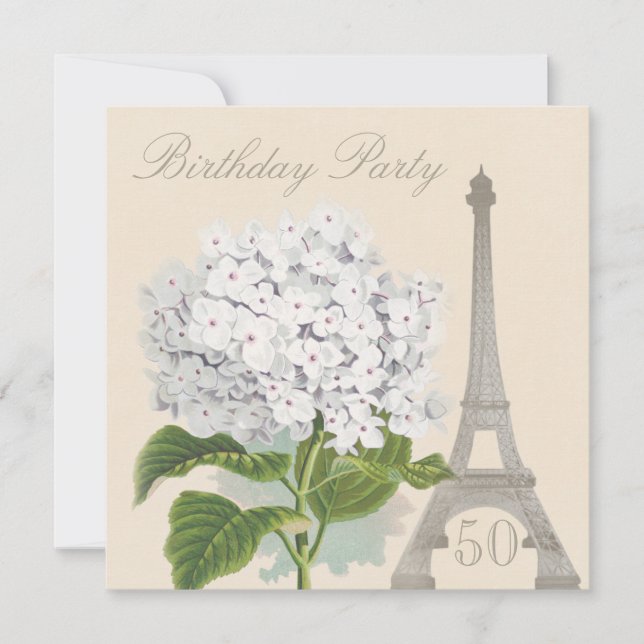 50. Geburtstag Paris Vintag White Hydrangea Blume Einladung (Vorderseite)
