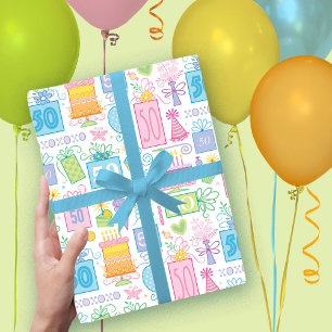 50. Geburtstag Pastel Pink Cake präsentiert Balloo Geschenkpapier Set