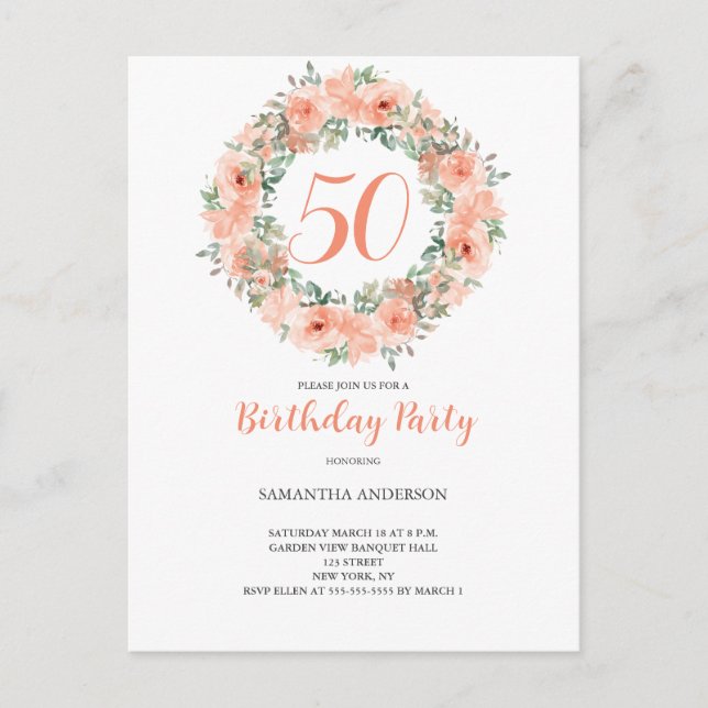 50. Geburtstag Peach Aquarell Floral Einladungspostkarte (Vorderseite)