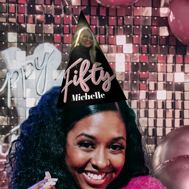 50. Geburtstag personalisiertes Foto Glitzer rosa  Partyhütchen (Von Creator hochgeladen)