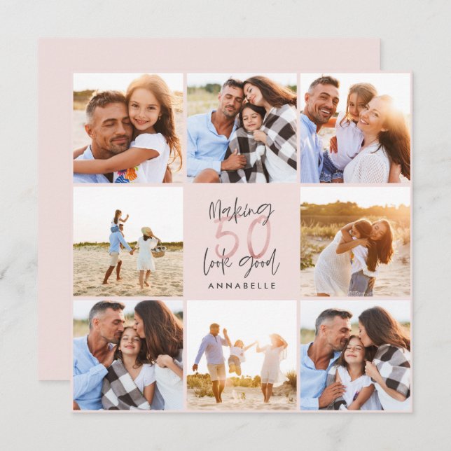 50. Geburtstag pink Girly Glitzer Foto Collage (Vorne/Hinten)