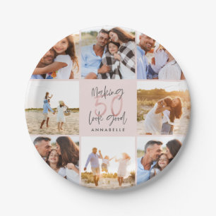 50. Geburtstag pink Girly Glitzer Foto Collage Pappteller