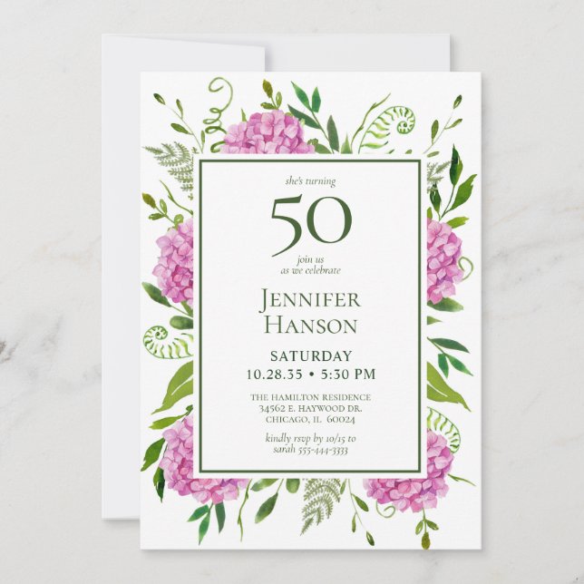 50. Geburtstag Pink Hydrangeas Card Anfrage Einladung (Vorderseite)