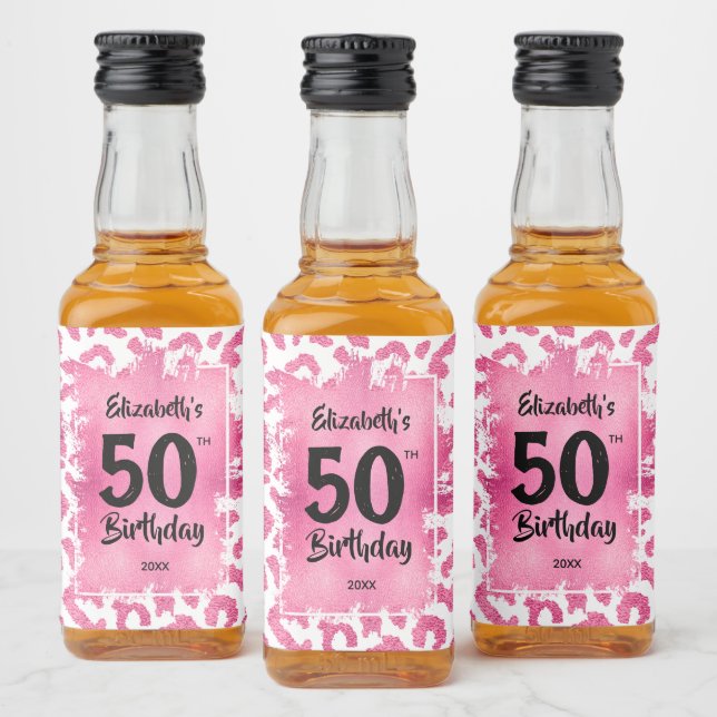 50. Geburtstag Pink Leopard Mini Alkoholflaschenetikett (Flaschen)