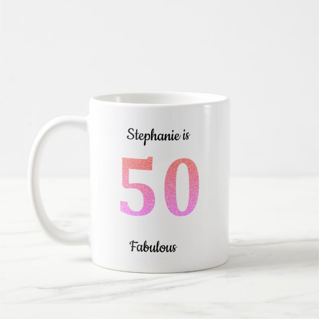 50. Geburtstag Pink Rose Gold Glitzer Namensschild Kaffeetasse (Links)