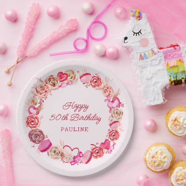 50. Geburtstag Pink Roses Wirbles Herz Pappteller (Party)