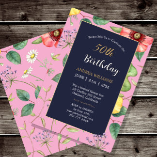 50. Geburtstag Pink Vintage Zeichnung Wildblumen Einladung