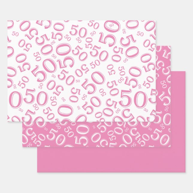 50. Geburtstag Pink & White Zufallszahlenmuster Geschenkpapier Set (Set)