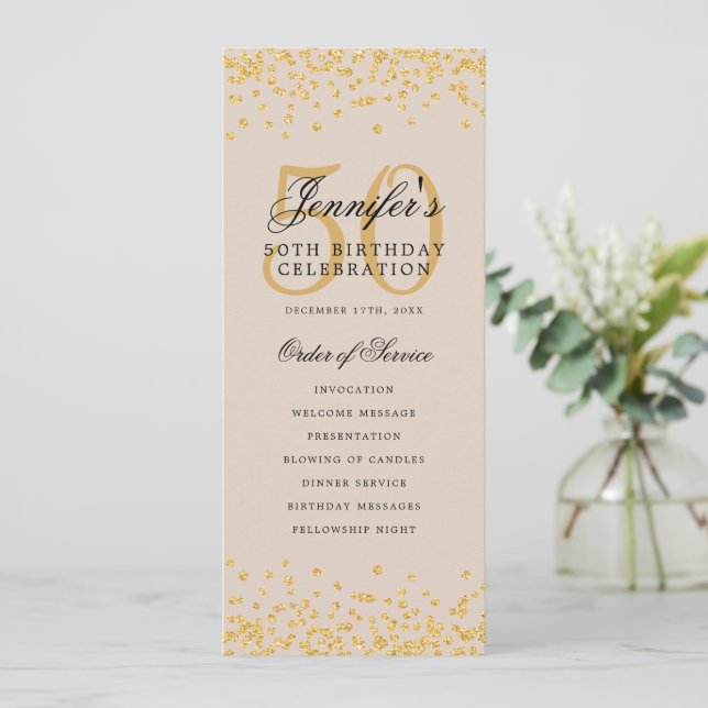 50. Geburtstag Programm Gold Confetti Menü Champag (Stehend Vorderseite)