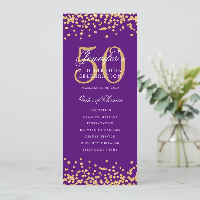 50. Geburtstag Programm Gold Confetti Menü Lila (Stehend Vorderseite)