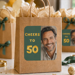 50. Geburtstag Prost auf 50 grüne goldene Ballons Quadratischer Aufkleber