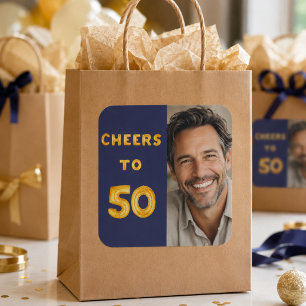 50. Geburtstag Prost auf 50 navy blau goldene Ball Quadratischer Aufkleber