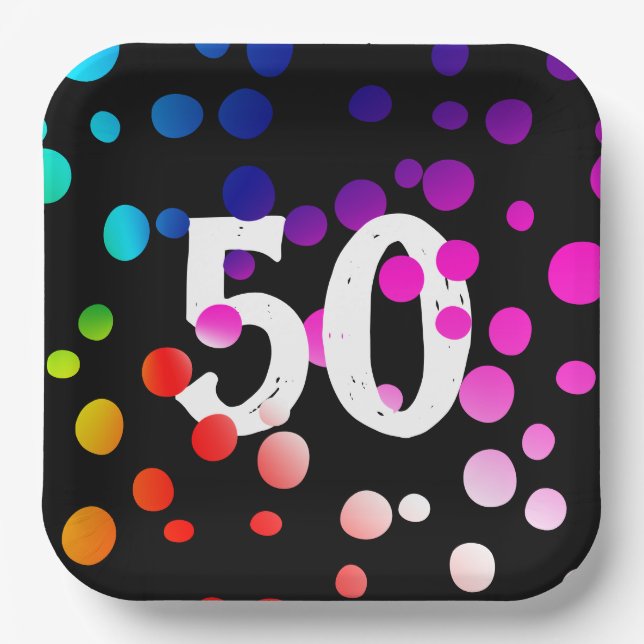 50. Geburtstag Rainbow Dots auf Black Pappteller (Vorderseite)