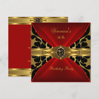 50. Geburtstag Red Gold Black Damask Floral Jewel Einladung