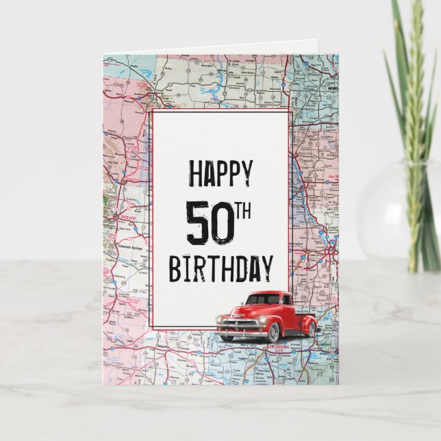 50. Geburtstag Red Retro Truck auf Karte (Vorderseite)