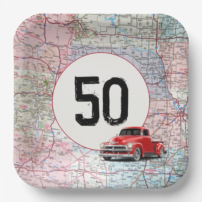 50. Geburtstag Red Retro Truck auf Roadmap Pappteller (Vorderseite)