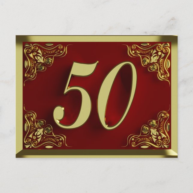 50. Geburtstag Regal Gold Red Einladung Postkarte (Vorderseite)