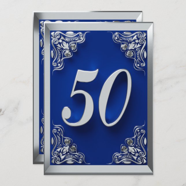 50. Geburtstag Regal Silver und Blue Einladung (Vorne/Hinten)