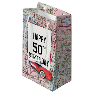 50. Geburtstag Retro Corvette auf Karte Kleine Geschenktüte