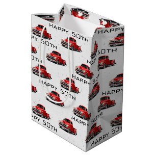 50. Geburtstag Retro Red Truck Medium Geschenktasc Mittlere Geschenktüte