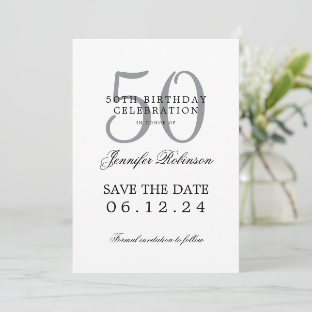 50. Geburtstag Rett Datum mit Details Einladung (Stehend Vorderseite)