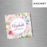 50. Geburtstag romantische, wasserfarbene, rosa Fl Magnet<br><div class="desc">Ein eleganter, zeitloser Sommer- und Gartenmagnet in einem romantischen böhmischen Boheme-Stil für einen 50. Geburtstag. Weiche Pastelltöne und farbenfrohe Blume in rosa, pfirsichfarbenen und grünen Blätter. Ein hellweißer Hintergrund. Vorlage für Name, Alter und Datum. Der Name ist lila mit einem handgeschriebenen Stilskript geschrieben. Ideal für Gastgeschenke oder als Save the...</div>