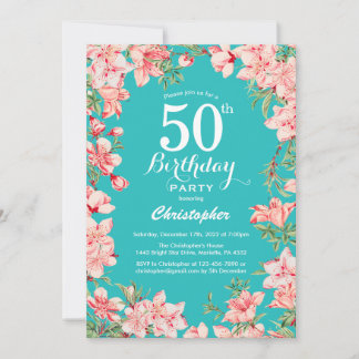 50. Geburtstag Rosa Blume Aquamariner Hintergrund Einladung
