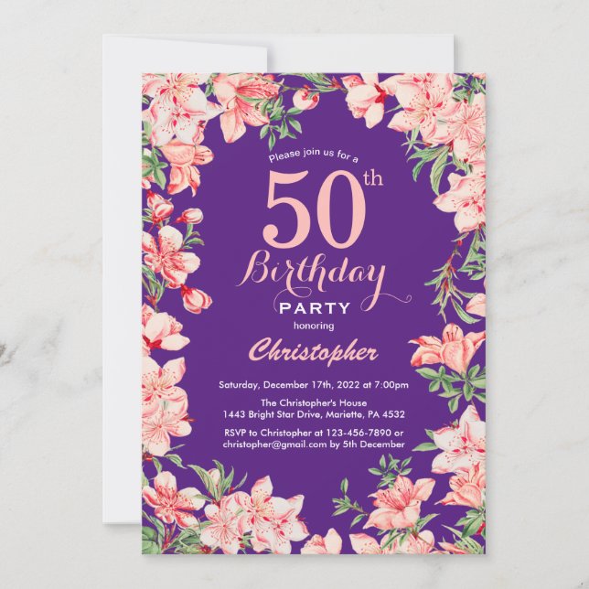 50. Geburtstag Rosa Blume Lila Violett Einladung (Vorderseite)