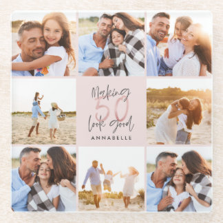 50. Geburtstag rosa Girly Glitzer Foto Collage Glasuntersetzer