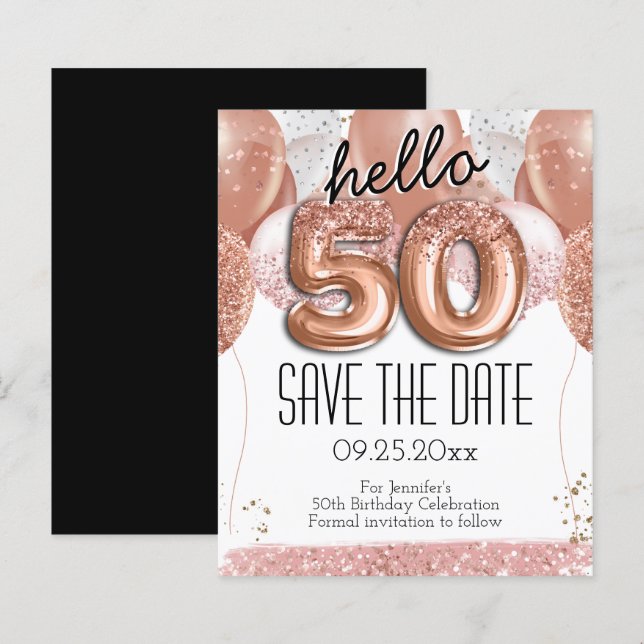 50. Geburtstag Rosa Glitzer Save the Date (Vorne/Hinten)