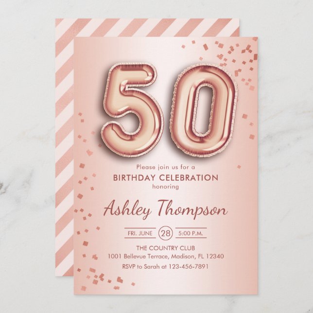 50. Geburtstag - Rose Gold Balloons Einladung (Vorne/Hinten)