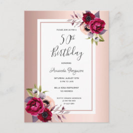 50. Geburtstag Rose Gold bordeauxrot Blütenladen Postkarte