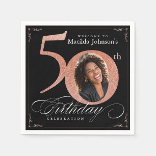 50. Geburtstag Rose Gold Glitzer Black Foto Serviette
