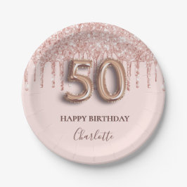 50. Geburtstag Rose Gold Glitzer Rosa Ballon Stil Pappteller