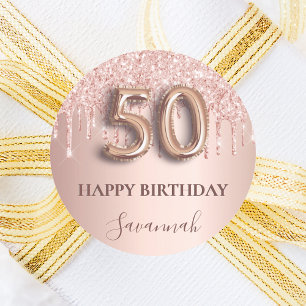 50. Geburtstag Rose Gold Glitzer Rosa Ballon Stil Runder Aufkleber