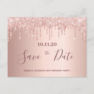 50. Geburtstag Rose Gold Glitzer Save the Date Postkarte