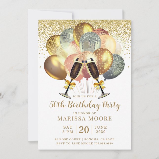 50. Geburtstag Rose Gold und Gold Glitzer Einladun Einladung (Vorderseite)