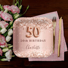 50. Geburtstag Rose Goldblüte Glitzer Name Pappteller