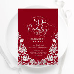 50. Geburtstag Rot Silber Rose Einladung<br><div class="desc">Rot silber elegante 50. Geburtstagsfeier Einladung. Klassisches Design mit Rose,  Imitaten Silberfolie und Typografie Script Schriftart. Die trendige Einladungskarte eignet sich perfekt für eine stilvolle Damenfeier. Personalisieren Sie Ihre persönlichen Daten. Kann für jedes Alter angepasst werden. Gedruckte Zazzle-Einladungen oder Sofortdownload digitaler Druckvorlage.</div>