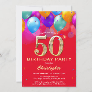 50. Geburtstag Rot und Gold farbige Ballons Einladung