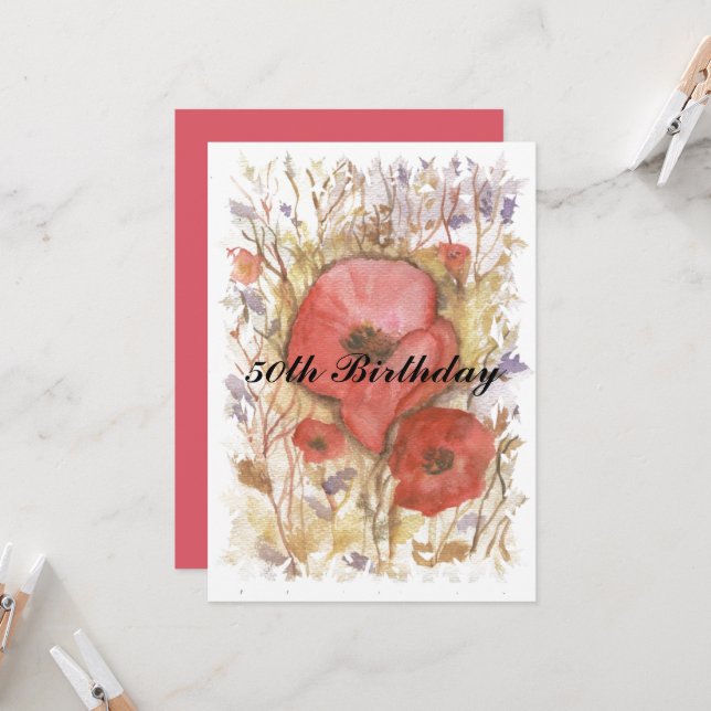 50. Geburtstag Roter Mohn Einladung (Vorderseite/Rückseite Beispiel)